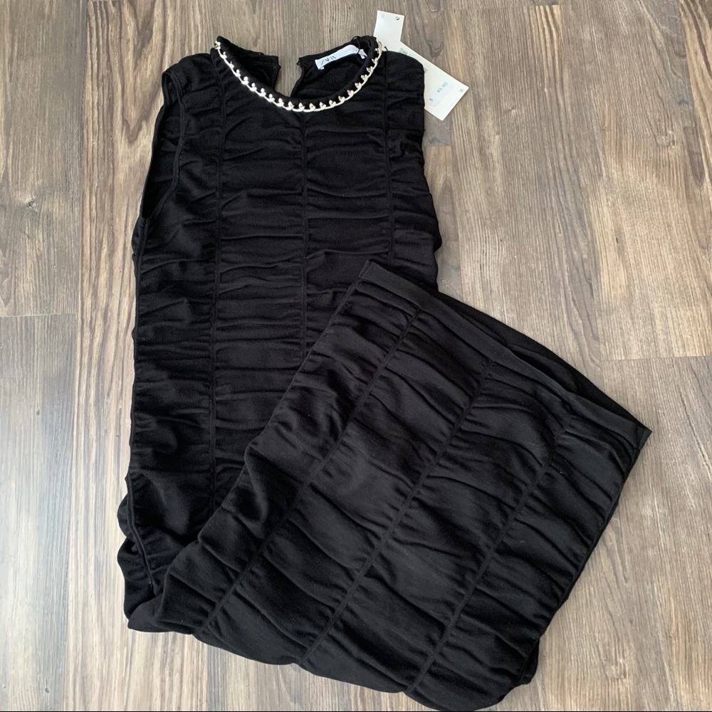Zara NWT Chain Trim Detail Draped Ruched Bodycon Midi Dress in Black